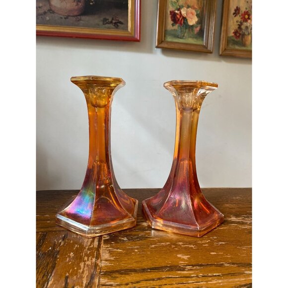 Vintage Iridescent Amber Marigold Carnival Glass Candlestick Set - Picture 1 of 7